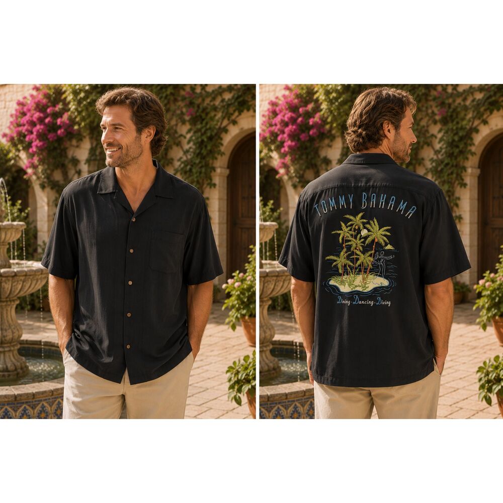Tommy Bahama Embroidered Dining Dancing Diving Silk Camp Shirt Mens Medium Black - Picture 2 of 7